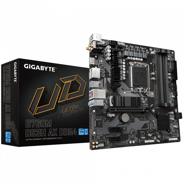 Сист.плата Gigabyte B760M DS3H AX 1.2, B760, 1700, 2xDDR4, PCI-Ex16, 2xPCI-Ex1, 2xM.2, 4xSATA, 2xDP, HDMI, BOX