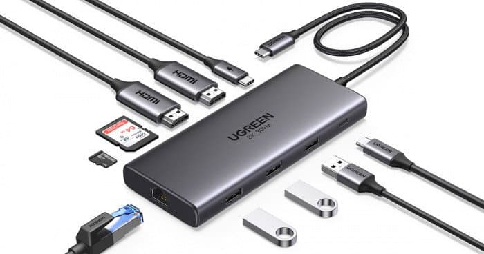Конвертер Ugreen CM639 USB-C to 1*USB3.0+2*USB2.0+USB-C3.0+2*HDMI+RJ45 Gigabit+SDamp;TF +PD port 15534