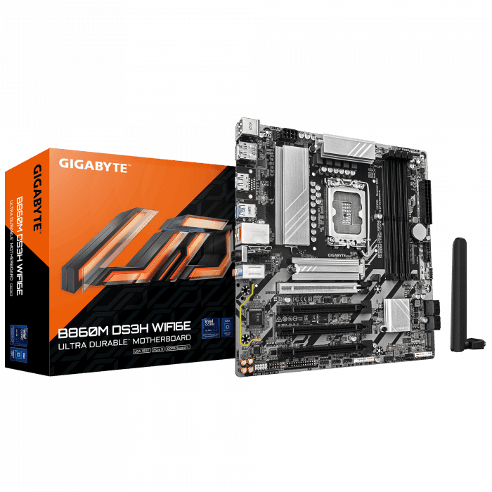 Сист.плата Gigabyte B860M DS3H WIFI6E 1.0, B860, LGA1851, 4xDDR5, 4xPCI-E x16, M2, SATA, 2xDP, HDMI, Wi-Fi 6E, BOX
