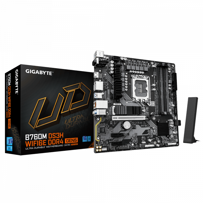 Сист.плата Gigabyte B760M DS3H WF6E GEN5, B760, 1700, 4xDDR5, PCI-E x16, 2xPCI-E x1, M2, SATA, HDMI, 2xDP, WIFI6E, BOX
