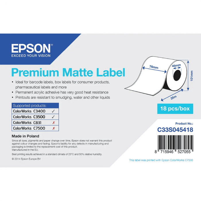 Матовые этикетки C33S045418 Epson  76mm x 35m
