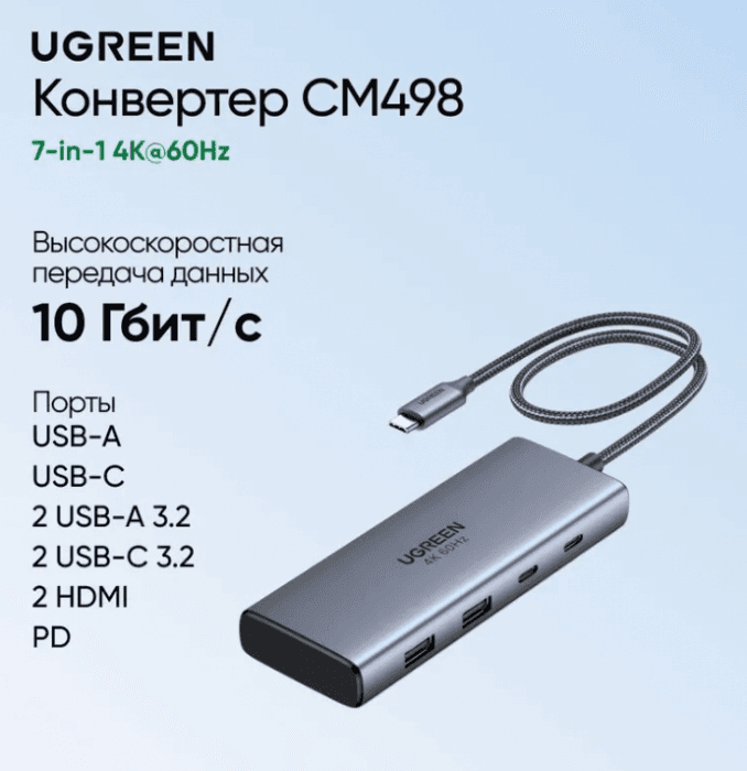 Hub UGREEN CM498 7-in-1 USB-C Hub USB-C to 2*HDMI(4K@60Hz)+2С2A+PD(100W) 45379