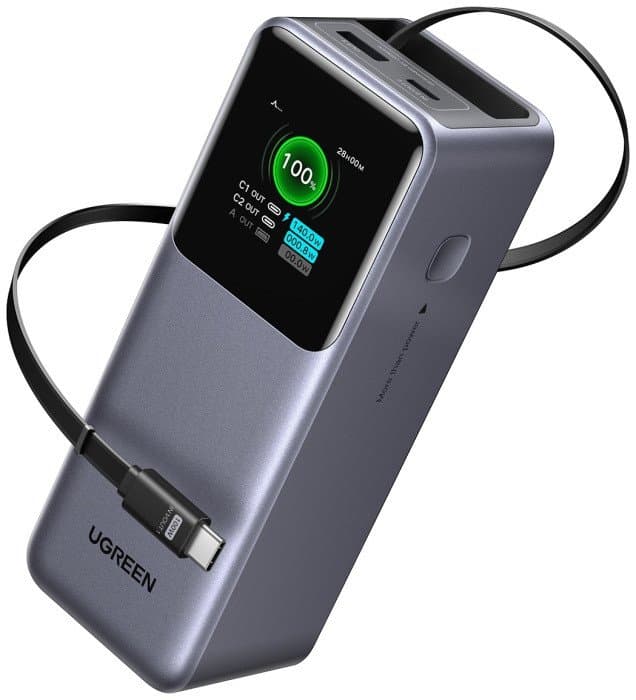 Пауэрбанк UGREEN PB726 55987B 20000mAh 165W 2C1A Power Bank with Retractable Cable