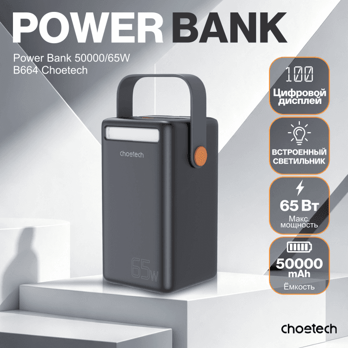 Пауэрбанк Choetech Power Bank B664-CCBE 50000mah 65W Micro+USB-A+Type-C Mini power station blue