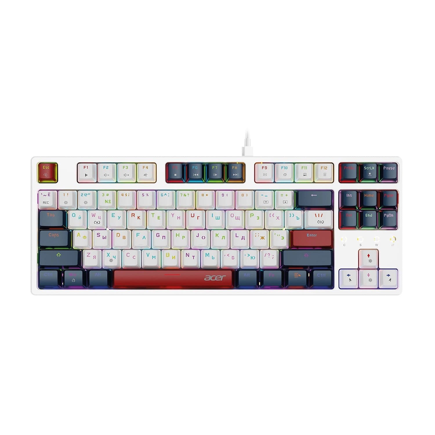 KeyBoard USB, Acer OKW305, 87 buttons, rus/lat, White/Blue/Red