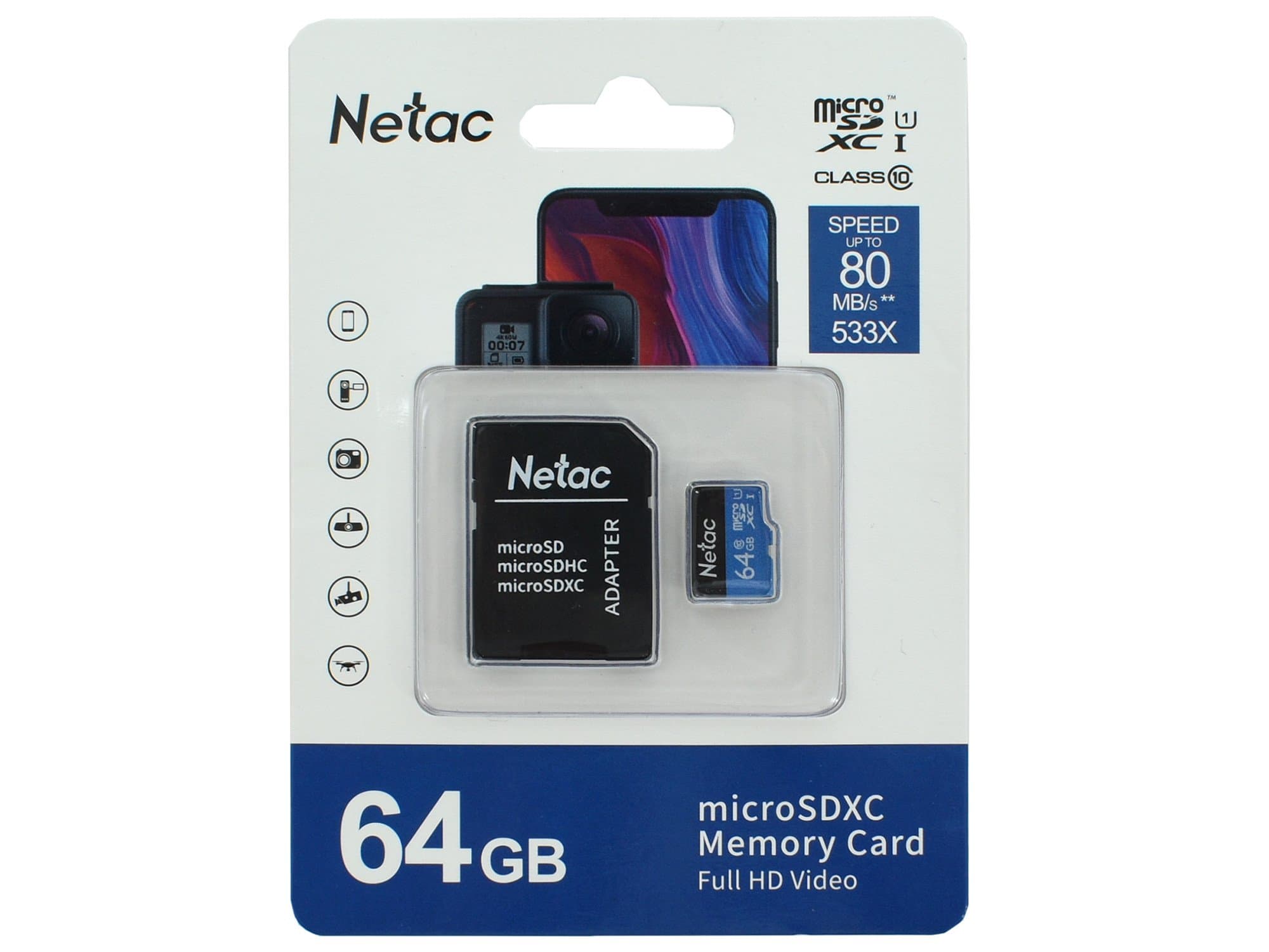 MemoryCard microSDXC  64GB, Netac P500, NT02P500STN-064G-R, Class 10, + adapter SD