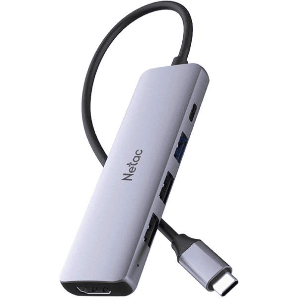 Разветвитель Netac WF13 HUB Type-C to USB3.0+USB2.0x2+100W PD+HDMI серый