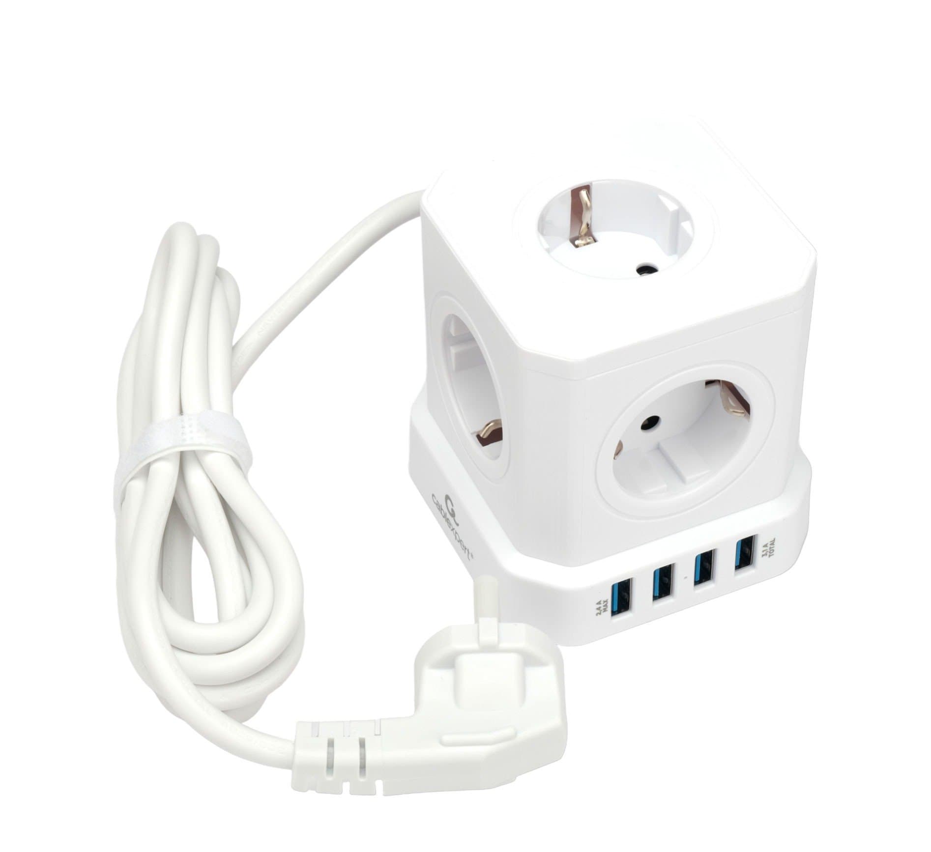 Сетевой фильтр Cablexpert Tower 5р, TWR-5-U4-W-3, 10А, 4хUSB, 3.1А, 3м, ур.защ. 4+, коробка белый