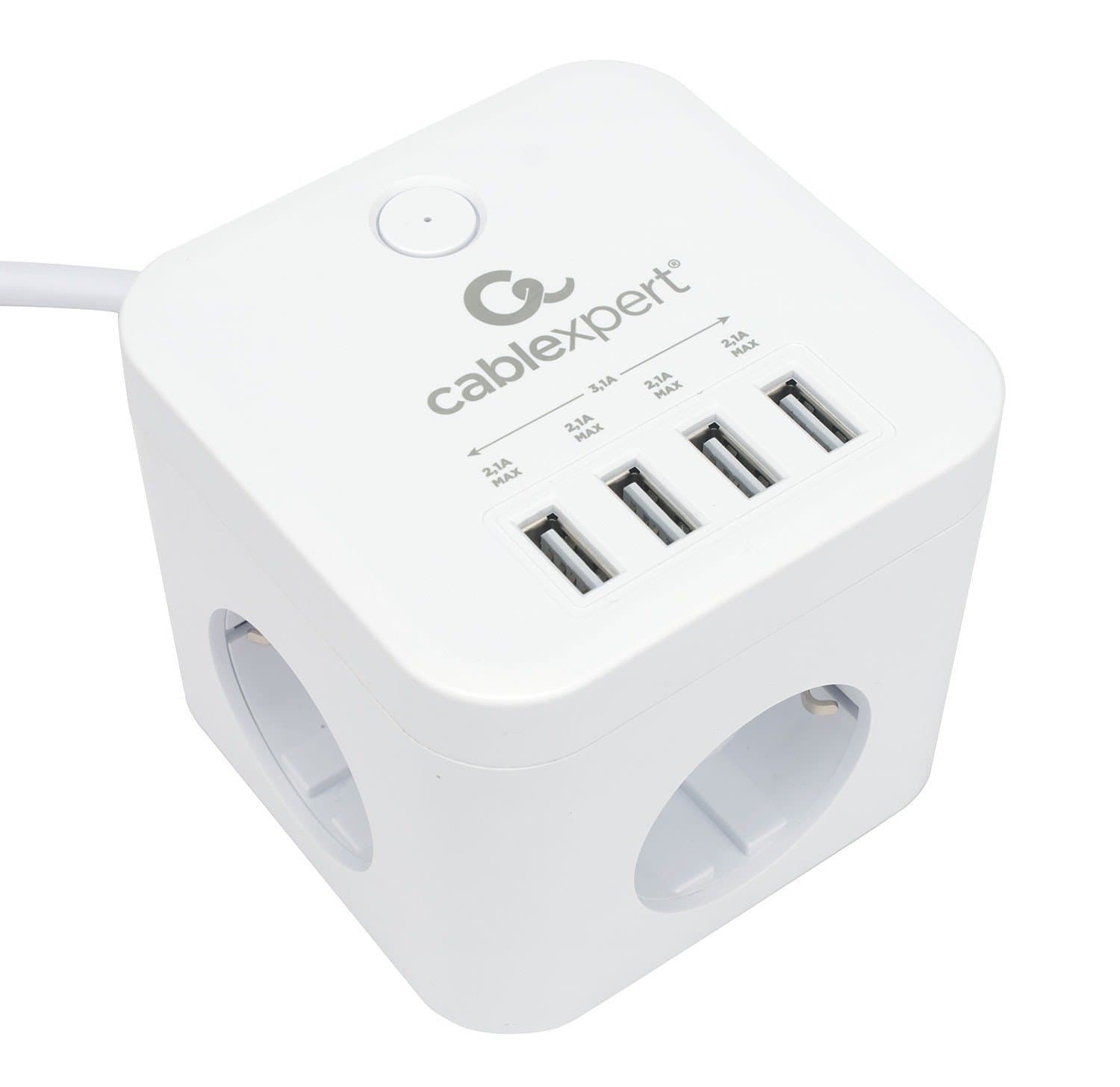 Сетевой фильтр Cablexpert Cube CUBE-3-U4-W-1.5, 3р, 10А, 4хUSB, 1.5м, ур.защиты 4+, коробка белый