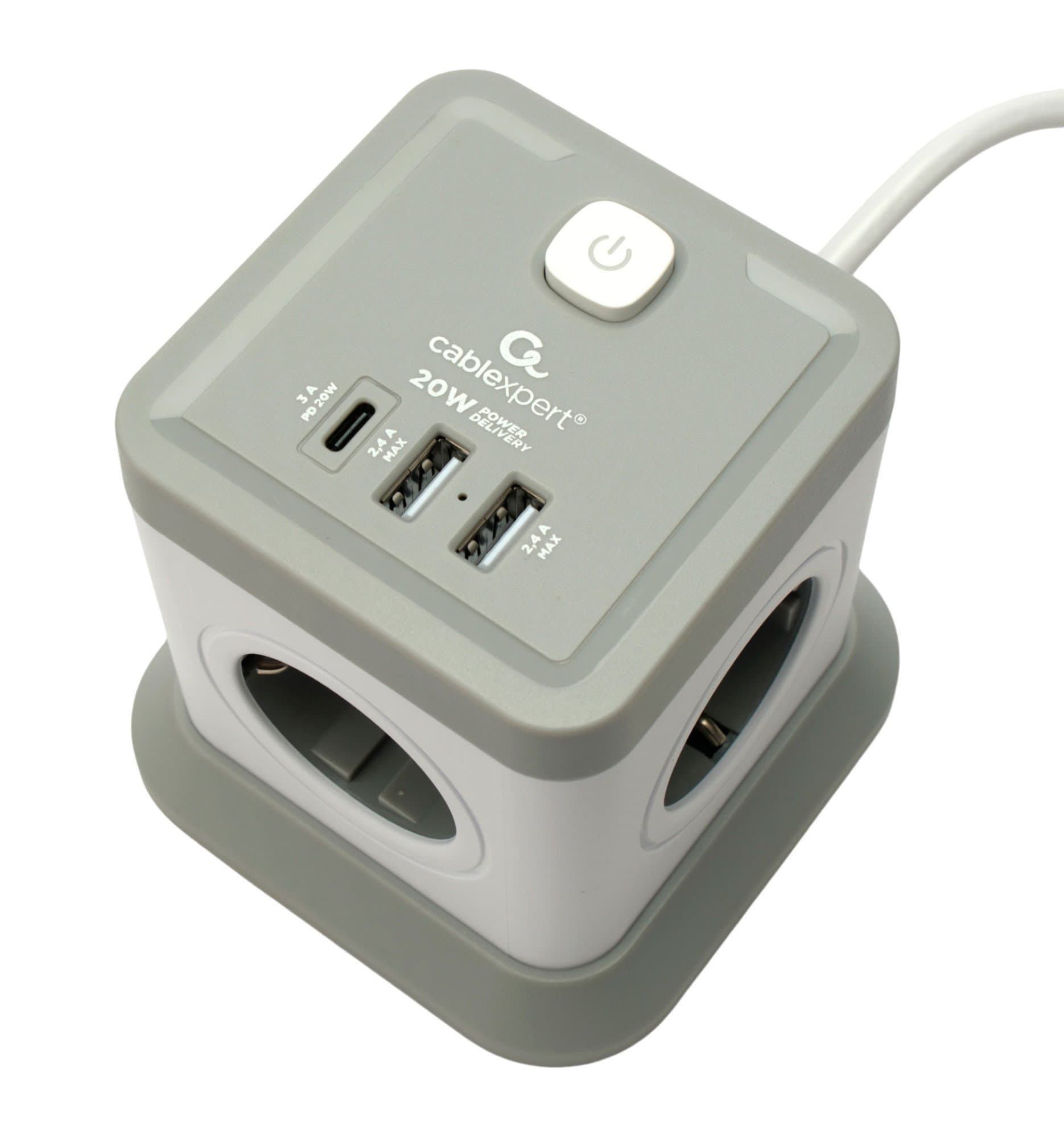 Сетевой фильтр Cablexpert Tower, TWR-4-CU2-W-2, 4р, 10А, 1xType-C PD, 20Вт, 2хUSB, 2м, защ. 2+ белый