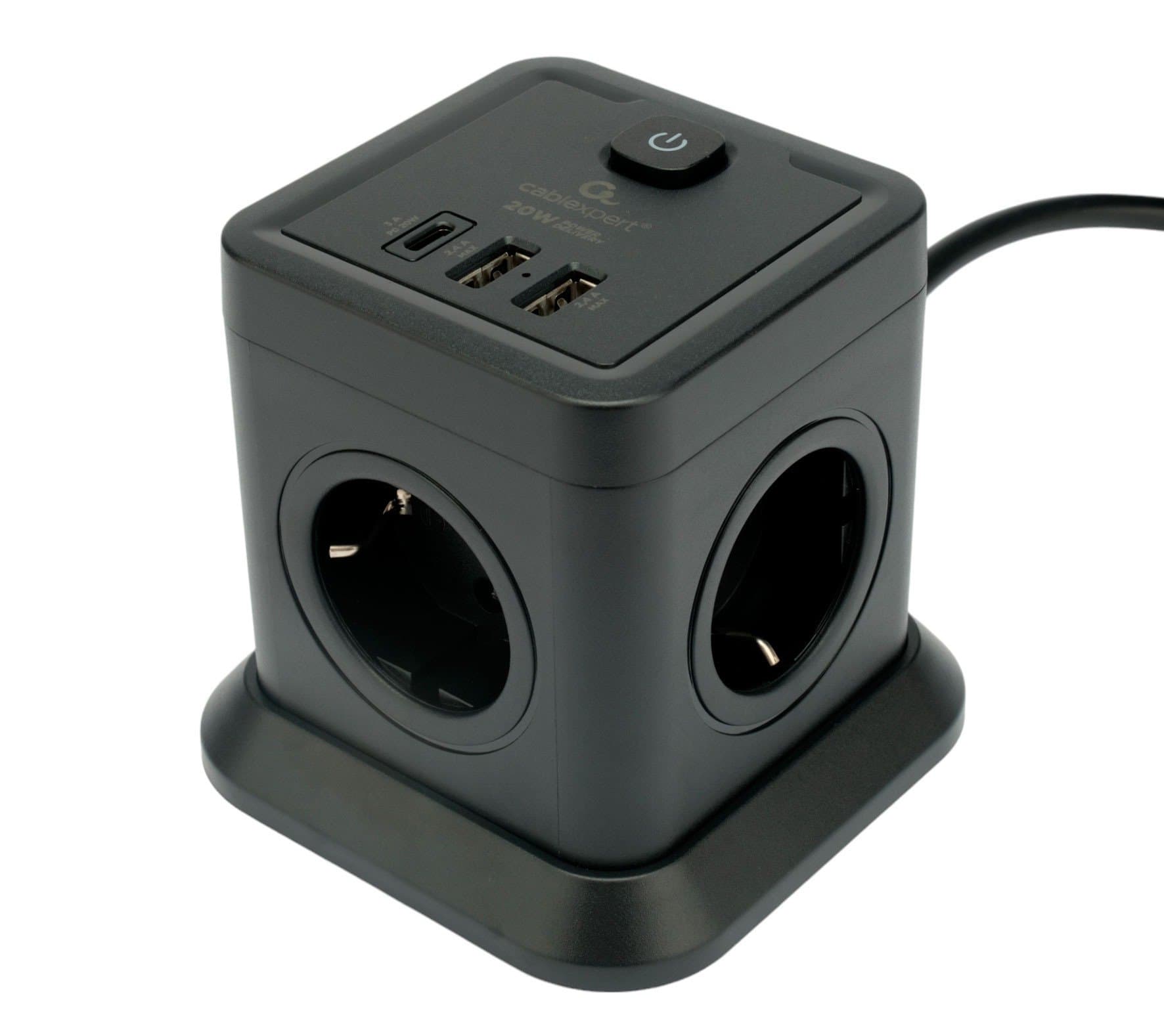Сетевой фильтр Cablexpert Tower TWR-4-CU2-B-2, 4р, 10А, 1xType-C PD, 20Вт, 2хUSB, 2м, защ.2+, черный