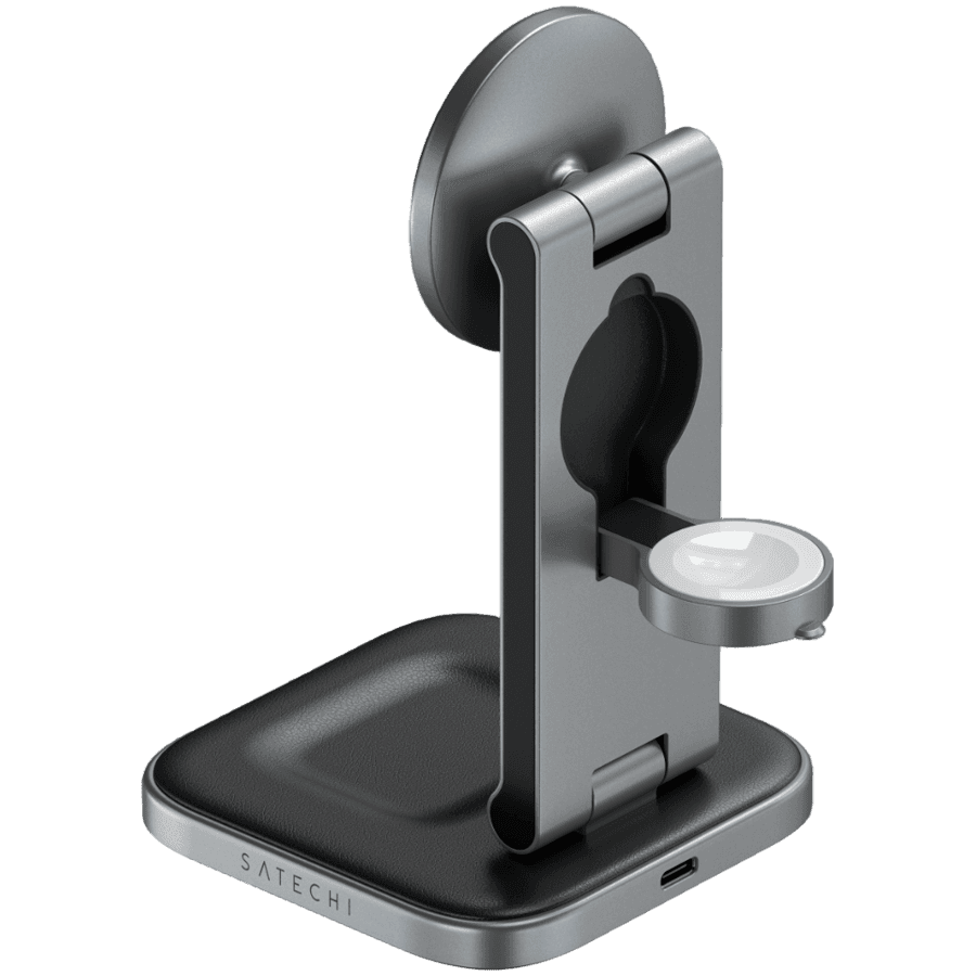 SATECHI 3-in-1 Foldable Qi2 Wireless Charging Stand (Space Gray) with Type A,C,G plugs