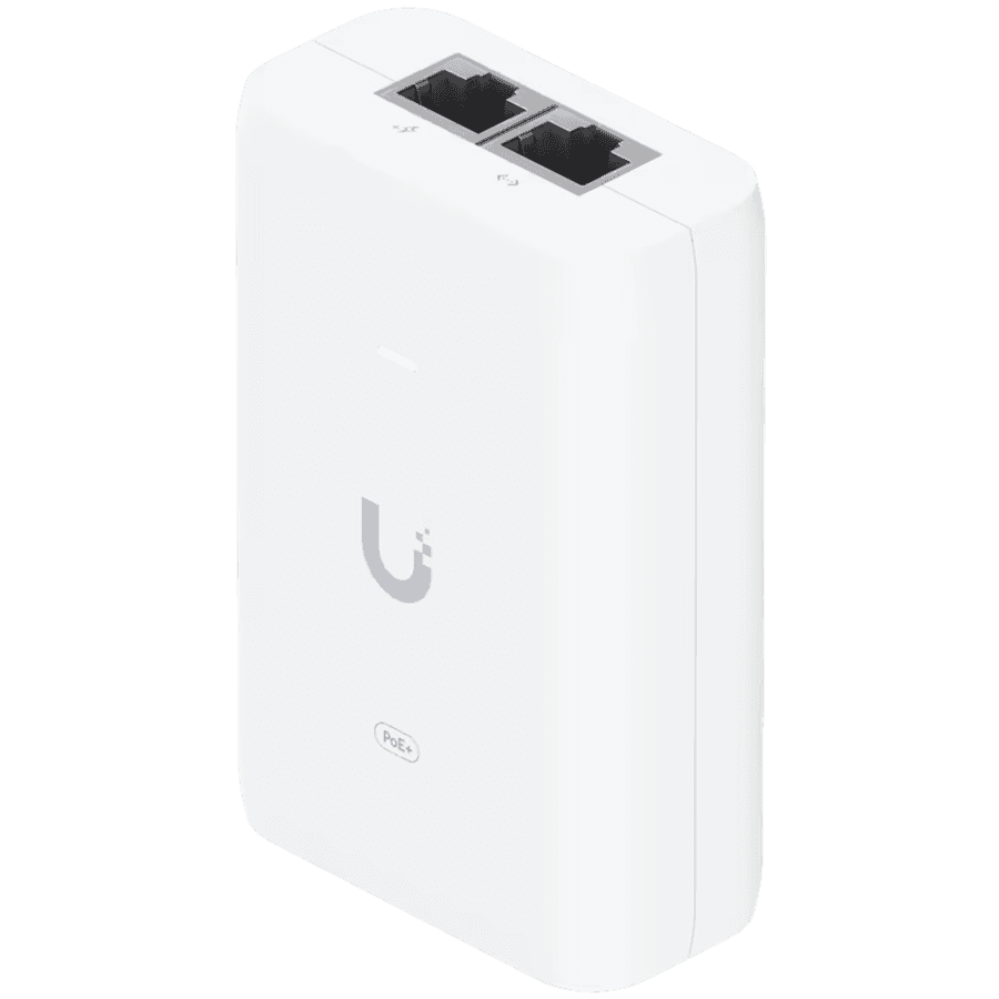 Ubiquiti U-POE+ adapter 30W, powers UniFi PoE+ devices, reduce dependency on PoE switch power, Contains RJ45 data input, AC cable with earth ground, and PoE+ output