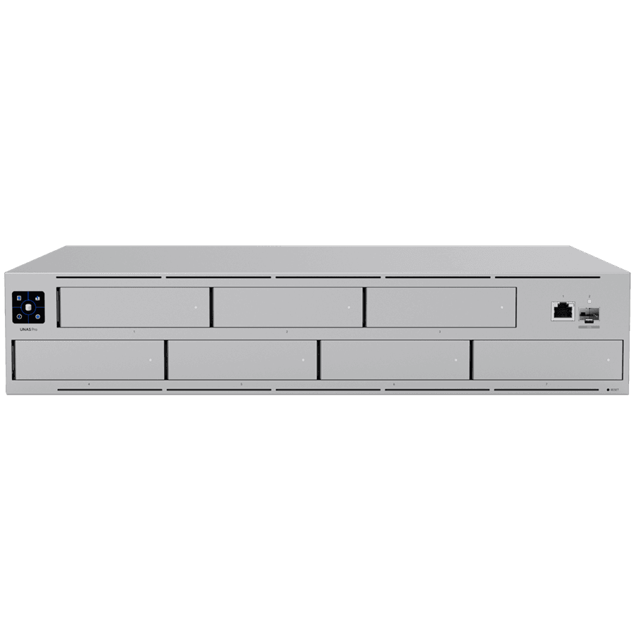Ubiquiti UNAS-Pro-EU 2U rack-mount NAS with (7) 2.5/3.5" drive bays and 10 Gbps performance designed for large-scale file storage and sharing, (7) 2.5/3.5" HDD / SSD support, 10G SFP+ uplink and (1) GbE RJ45 port
