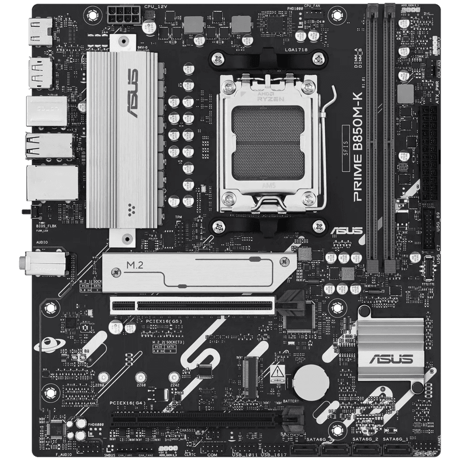 ASUS Main Board Desktop Socket AM5 AMD B850 Chipset 2 x DIMM slots, max. 128GB, DDR5 1 x DisplayPort 1 x HDMI 2 x M.2 4 x SATA micro-ATX Form Factor