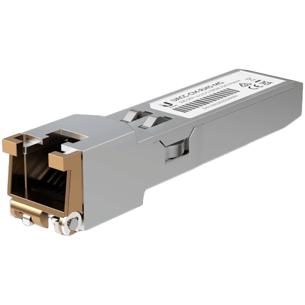 Ubiquiti UACC-CM-RJ45-MG SFP+ to RJ45 adapter, 1/2.5/5/10 GbE is a RJ45 transceiver that can be inserted into an SFP port in order to connect a copper Ethernet cable