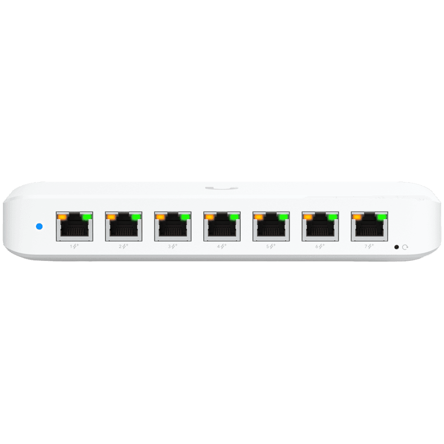 Ubiquiti USW-Ultra-210W-EU compact, Layer 2, 8-port GbE PoE switch with versatile mounting options, 7x GbE PoE+ output ports, GbE port with optional PoE++ input, 202W PoE availability with the included AC power adapter