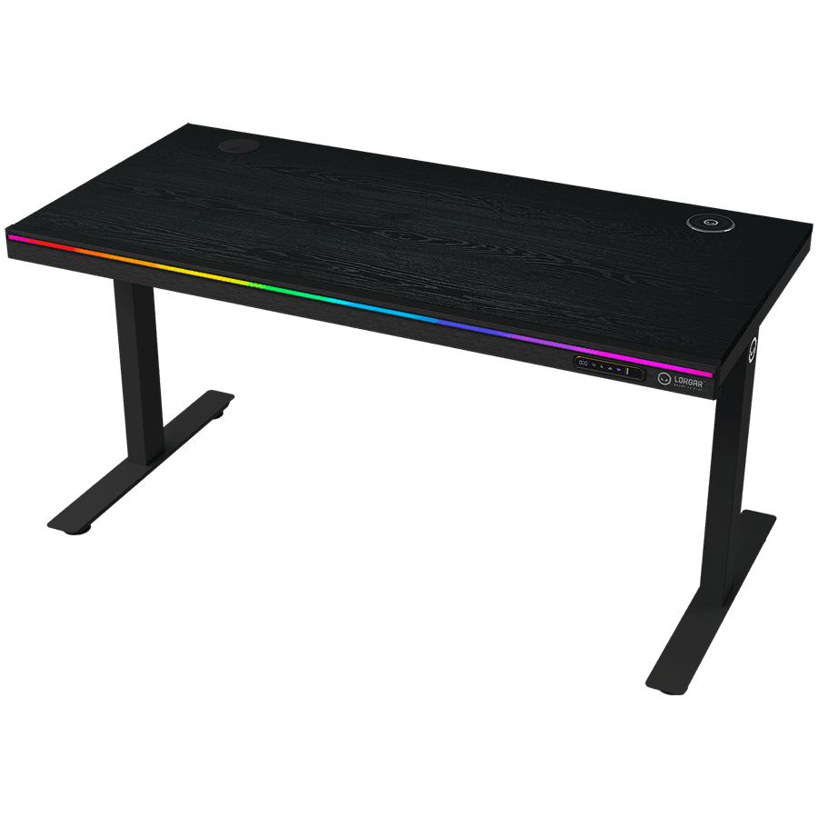 Dual-motor sit/stand adjustable-height gaming desk with wireless charger, RGB lighting, control panel, and USB ports, PB melamine surface tabletop, black.