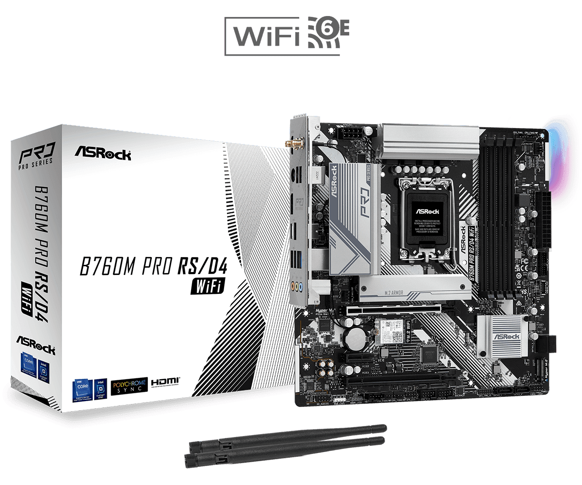 Материнская плата ASRock B760M PRO RS/D4 WIFI LGA1700 4xDDR4 4xSATA RAID 2xM.2 HDMI DP mATX