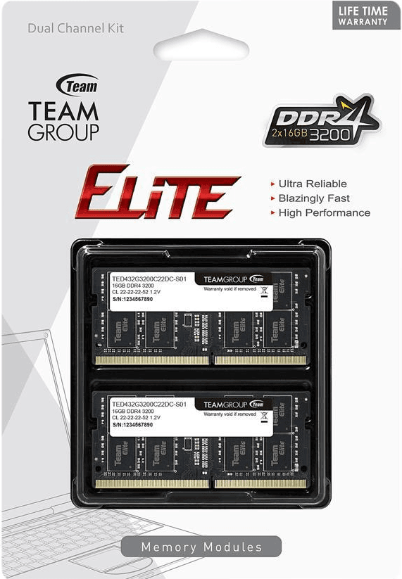 Оперативная память для ноутбука 32GB Kit (2x16GB) DDR4 3200Mhz TG ELITE SO-DIMM TED432G3200C22DC-S01