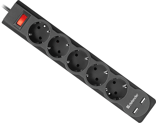 Сетевой фильтр Defender DFS 755 5 розеток, 5 м (защита от ВЧ и импульсных помех, USB зарядка 2.1А),