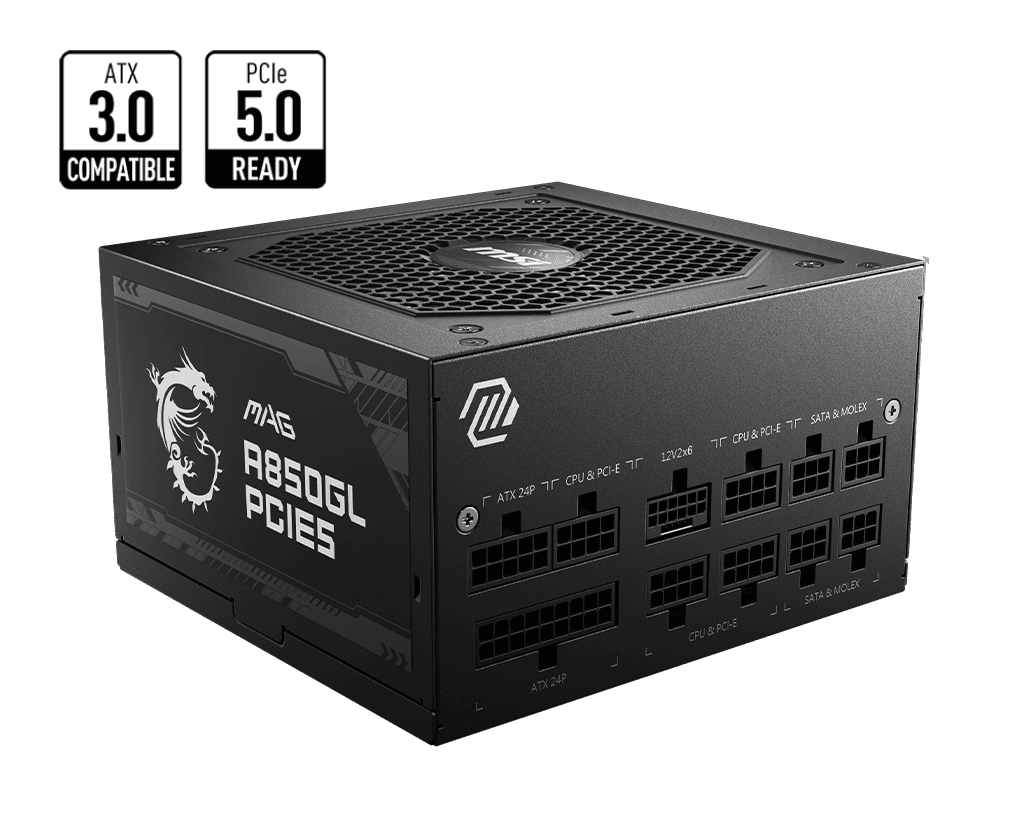 Блок питания MSI  850W, MAG A850GL PCIE5, Full Modular, ATX, 80+ GOLD, КПД >90%, Fan 120mm, Черный