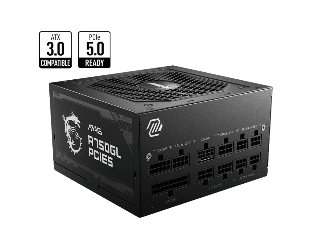 Блок питания MSI  750W, MAG A750GL PCIE5, Full Modular, ATX, 80+ GOLD, КПД >90%, Fan 120mm, Черный