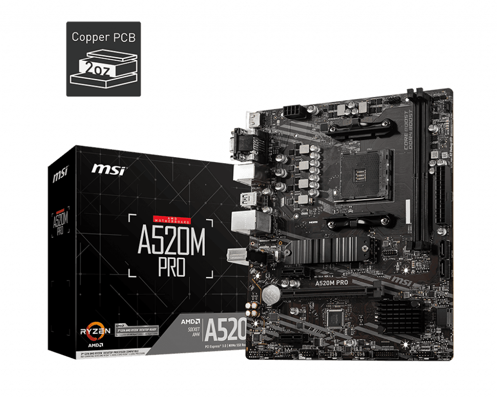 Материнская плата MSI A520M PRO AM4 2xDDR4 4xSATA3 RAID M.2 VGA HDMI DP ARGB header mATX