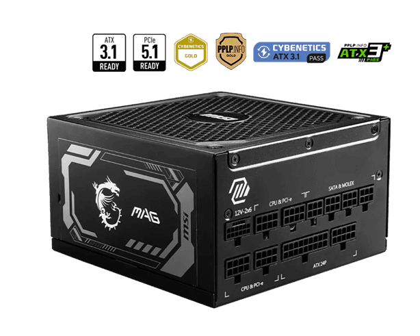 Блок питания MSI 1250W, MAG A1250GL PCIE5, Full Modular, ATX, 80+ GOLD, КПД >90%, Fan 135mm, Черный