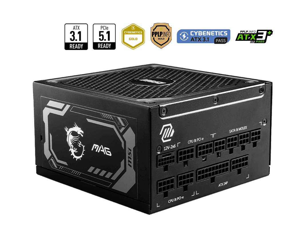 Блок питания MSI 1000W, MAG A1000GL PCIE5, Full Modular, ATX, 80+ GOLD, КПД >90%, Fan 135mm, Черный