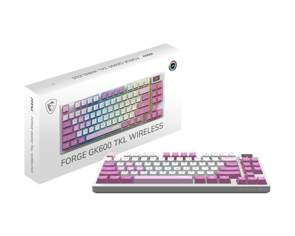 Игровая Клавиатура MSI FORGE GK600 TKL W VIOLET RU, Механическая/WIFI/BT/USB2.0/RGB/83кл/1.8м VIOLET