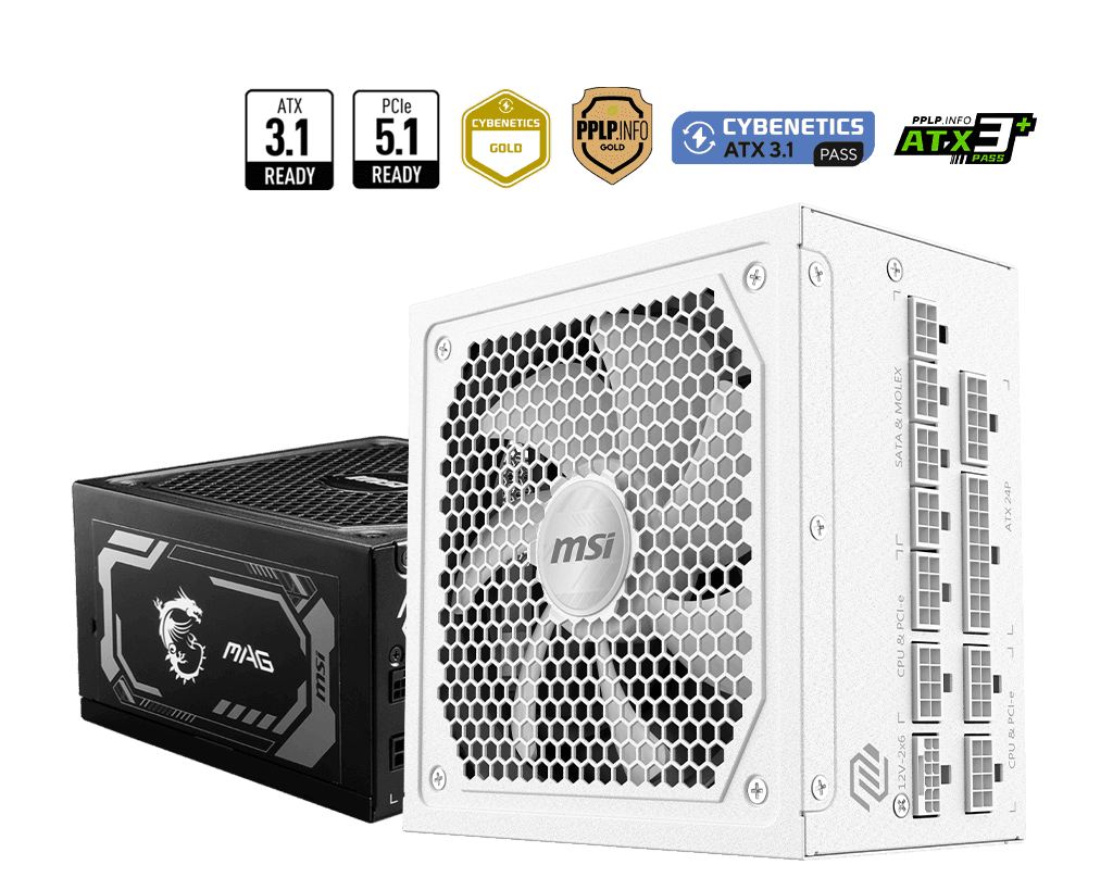 Блок питания MSI 1000W, MAG A1000GL PCIE5 WHITE, Full Modular, ATX, 80+ GOLD, 90%, Fan 135mm, Белый