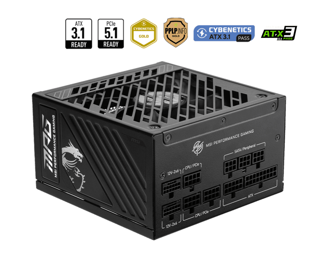 Блок питания MSI 1250W, MPG A1250GS PCIE5, Full Modular, ATX, 80+ GOLD, КПД >90%, Fan 135mm, Черный