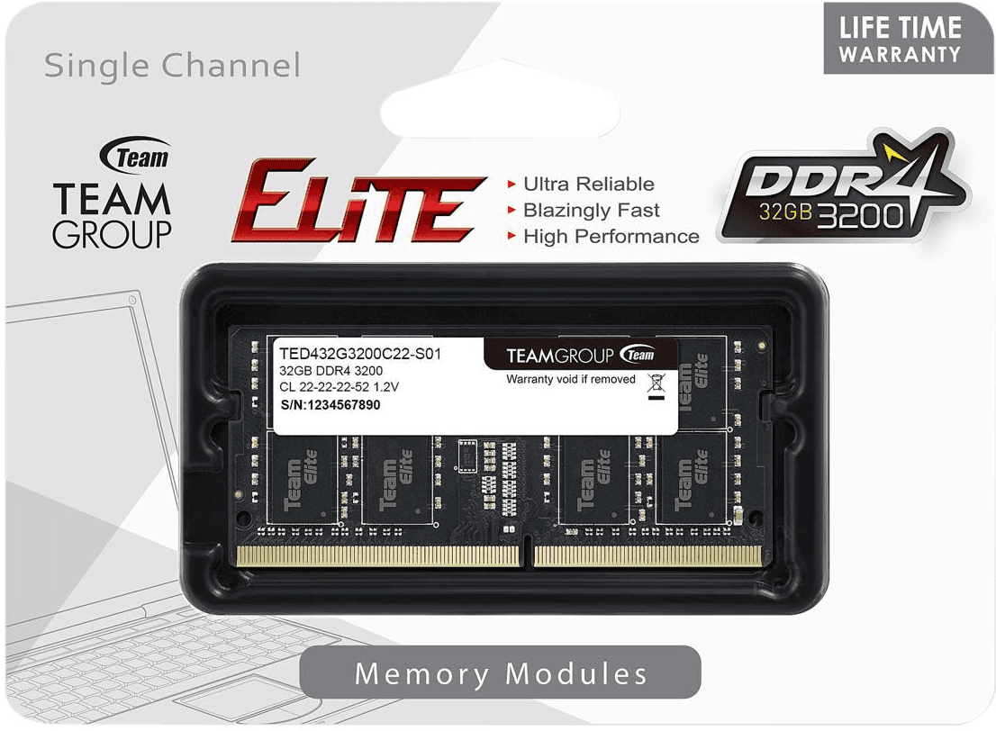 Оперативная память для ноутбука 32GB DDR4 3200Mhz Team Group ELITE SO-DIMM TED432G3200C22-S01
