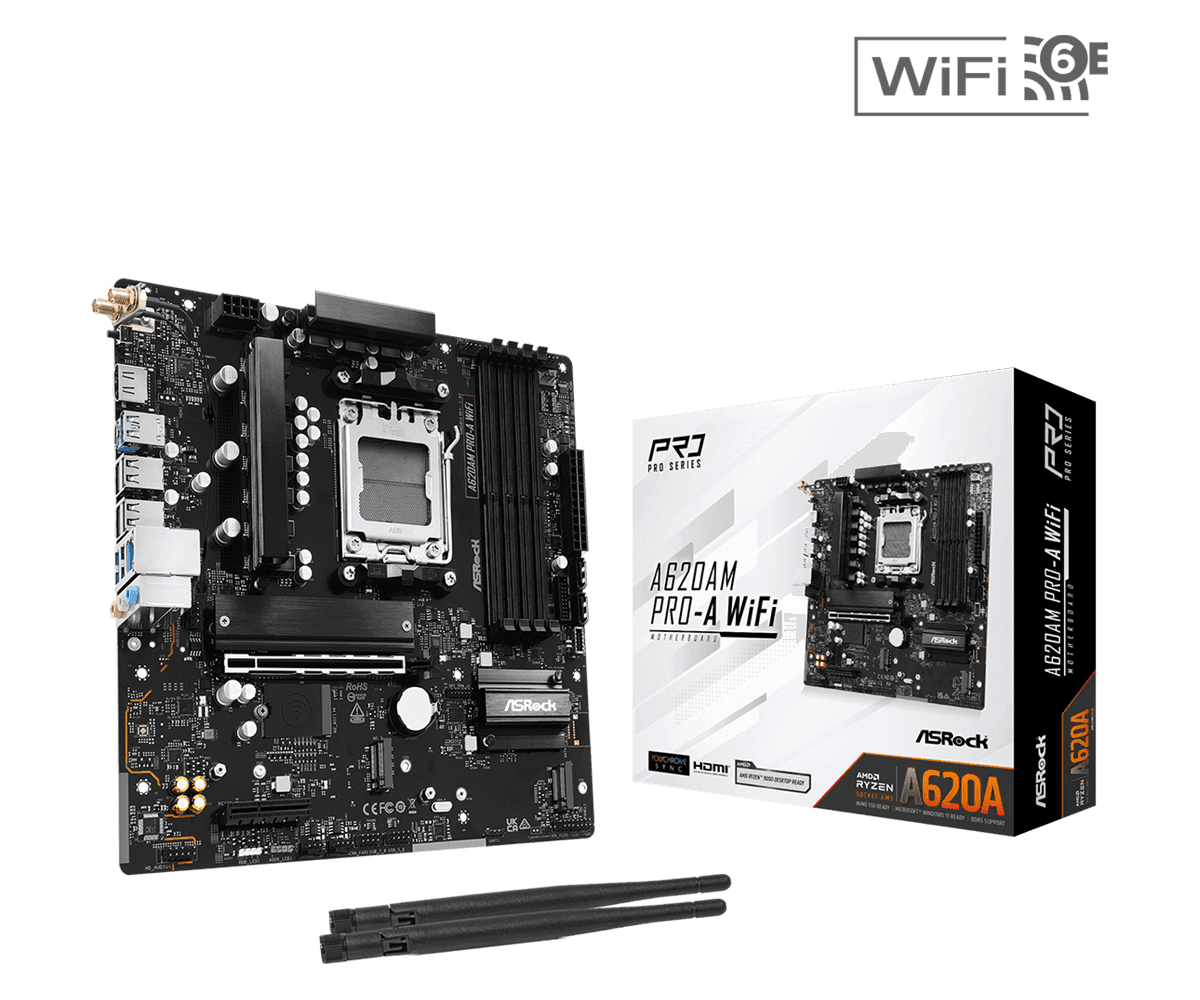 Материнская плата ASRock A620AM PRO-A WIFI AM5 4xDDR5 2xSATA3 RAID 3xM.2 Type-C HDMI WiFi6E mATX