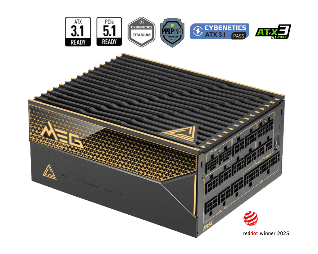 Блок питания MSI 1600W, MEG Ai1600T PCIE5, Full Modular, ATX, 80+ TITANIUM, >94%, Fan 135mm, Черный