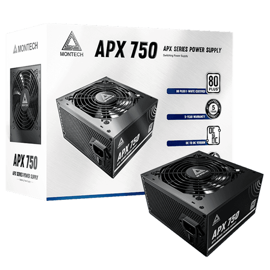 Блок питания Montech  750W, APX 750W, Non Modular, ATX, 80+ WHITE, КПД 90%, Fan 120mm, Черный