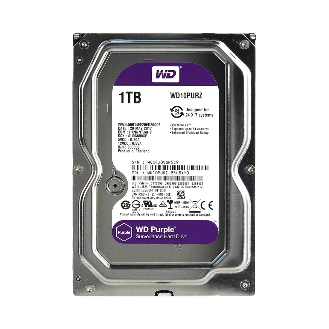 Жёсткий диск для видеонаблюдения Western Digital Purple HDD 1Tb WD10PURZ